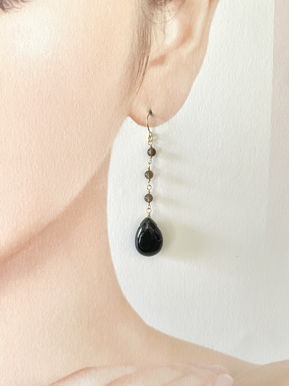 大粒モリオン(黒水晶)×小さなスモーキークォーツ 大人ピアス14kg or イヤリング 4枚目の画像