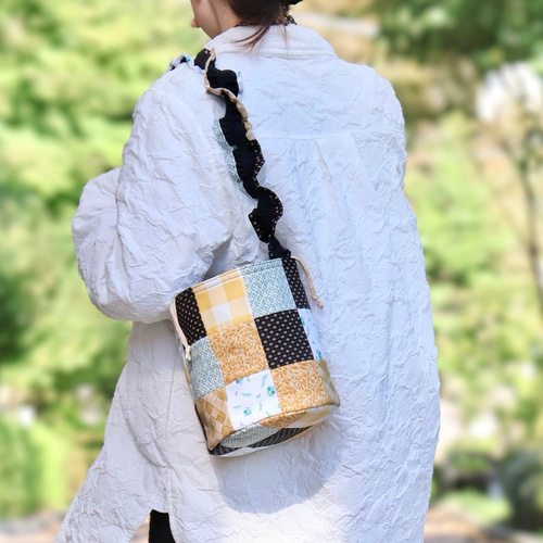 ビンテージパッチワークキルト 巾着手提げバッグ1