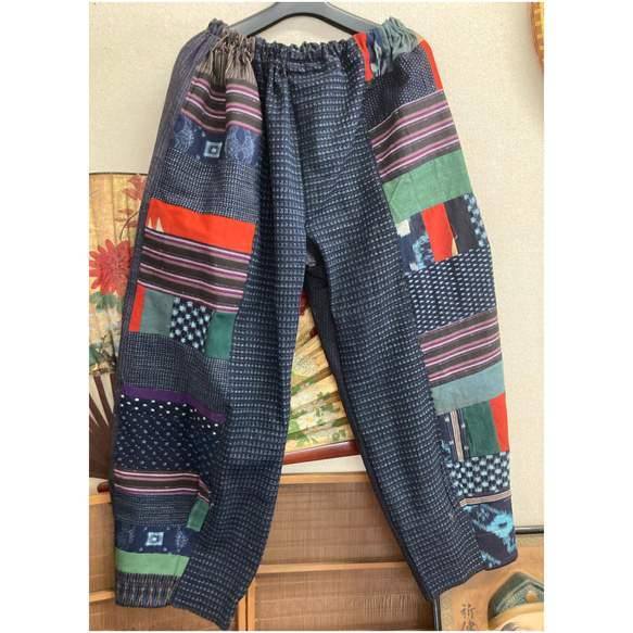 書生絣と絣色々パッチワークパンツ 古布リメイク ロングパンツ 着物 