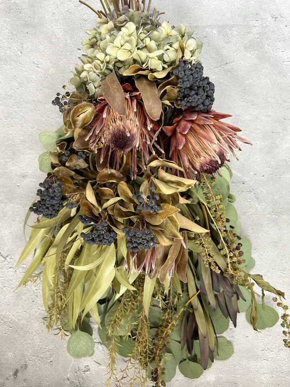特大スワッグ アーチ風 ドライフラワー ウォールオブジェ 紫陽花とワイルドフラワーの大きなスワッグ:ドライフラワー