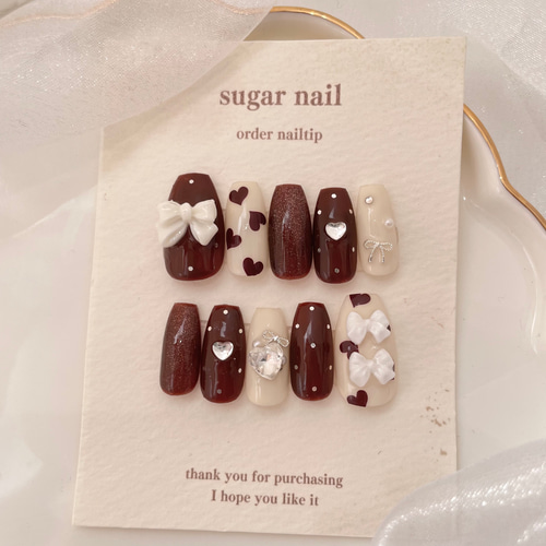 ネイルチップ 韓国ネイル リボンネイル ハートネイル ドット ワンホン