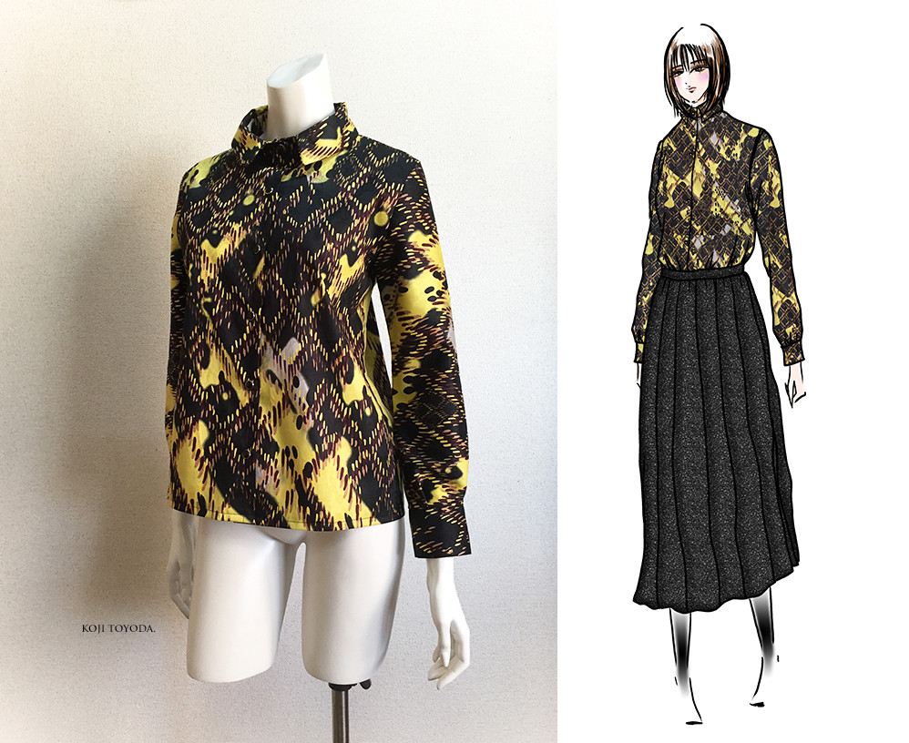 【1点もの・デザイン画付き】日本製綿プリントストレッチジャガード生地ブラウス（KOJI TOYODA）