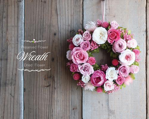 フラワーリース ローズ大 直径約29cm ローズたっぷりフラワーリース ✿ ドライ・プリザーブドフラワー BOX