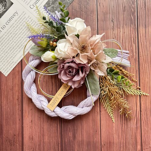 No.186 薔薇のしめ縄リース2025 ハンドメイドお正月飾り玄関リース