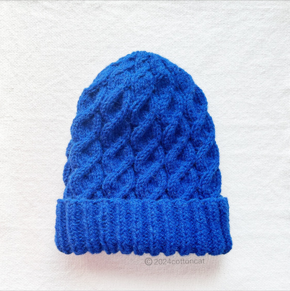 ウールのニット帽 ブルー ケーブル ニット帽・ビーニー cottoncat 通販