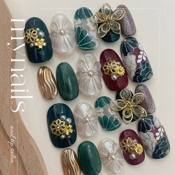 成人式和柄マグネット緑×赤ネイルno1 ネイルチップ（つけ爪） cheri