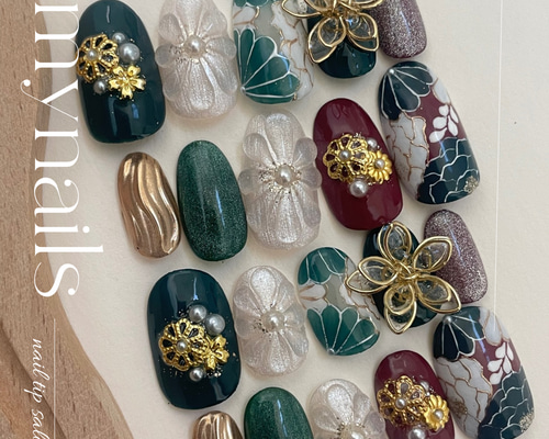 ネイルチップ 成人式 振袖 和柄 着物 ベージュ 花柄 マグネット ☆B-70☆和柄ネイルチップマグネットレッドのお着物ネイル成人式前撮り振袖