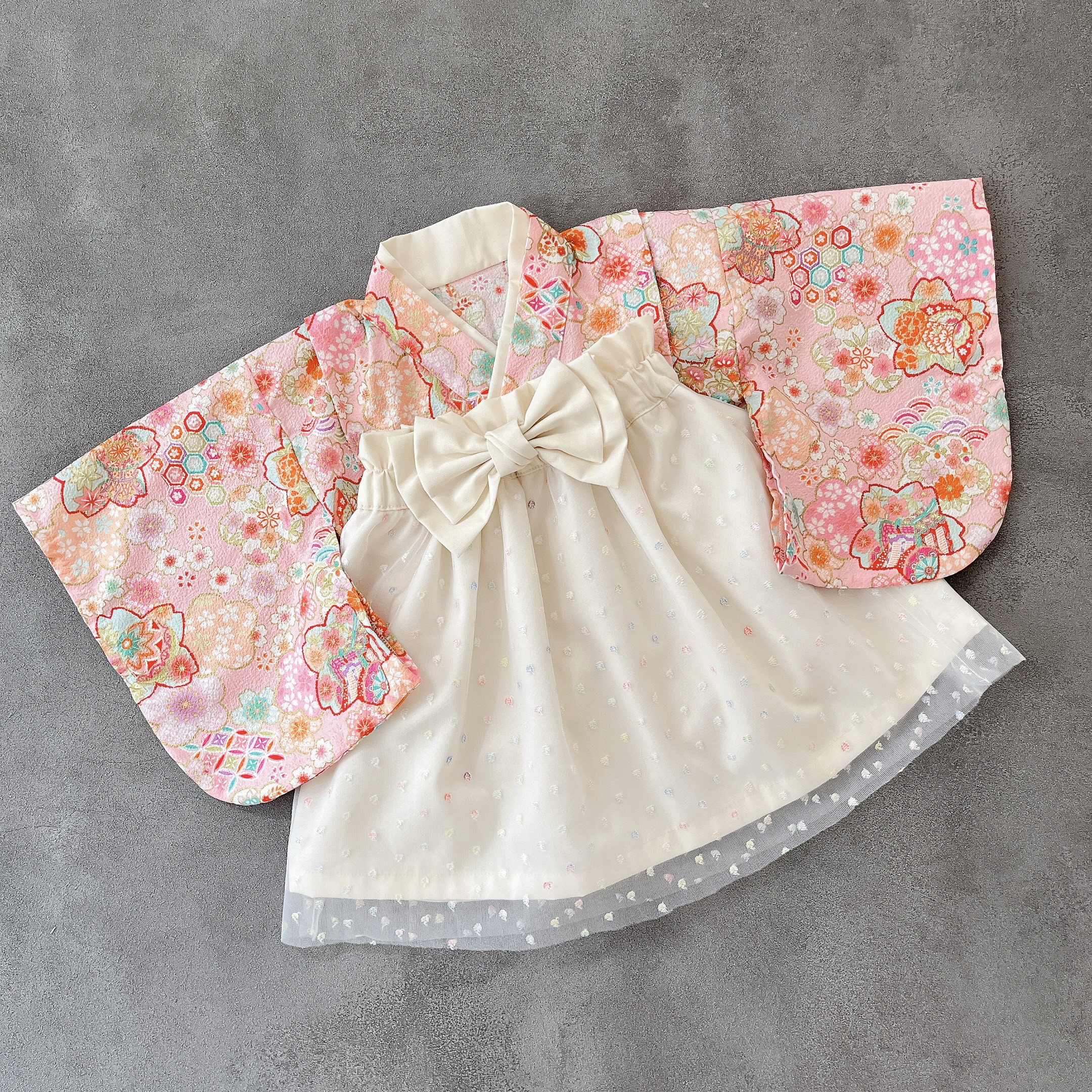 ｟即納｠送料無料【80】ベビー袴　桜梅花✖︎ドットレースのスカート袴　桜2026