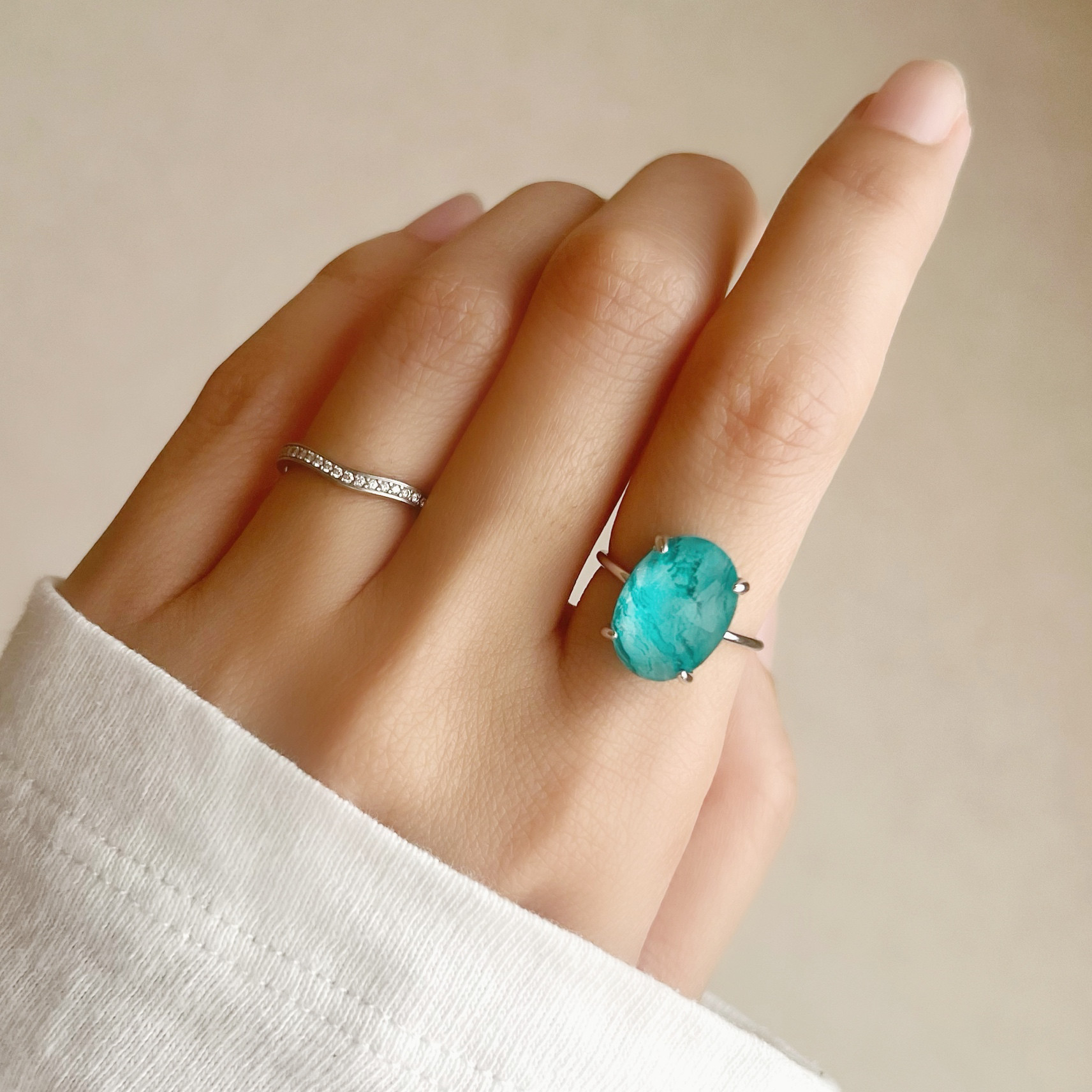 【JORIE】大粒クリソコラ×クリスタル貼り　リングsilver925　フリーサイズ、固定サイズ、刻印あり