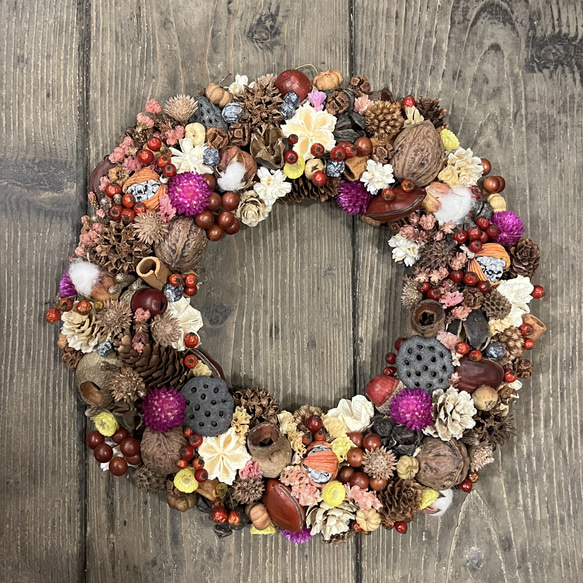 送料込】木の実とドライフラワーのリース。しっかりとした大きさです  