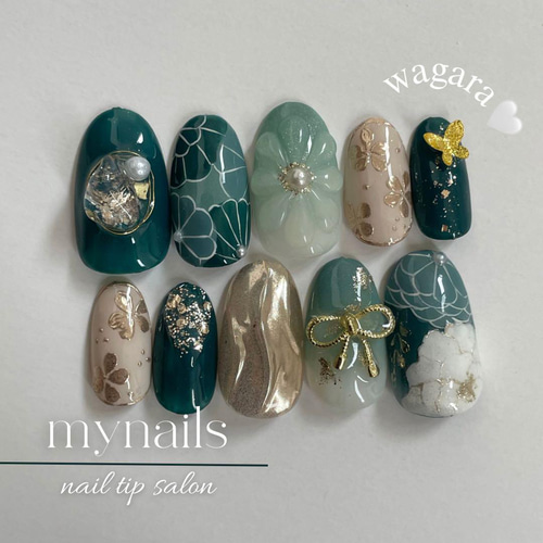 オーダーネイルチップ成人式緑ミント振袖和柄ネイルno191 ネイルチップ