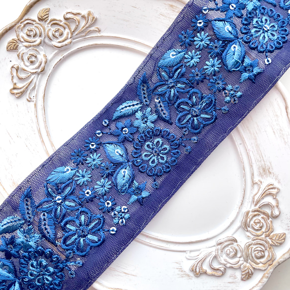 482 【 幅：5cm 】 インド刺繍リボン ネイビー チュール リボン