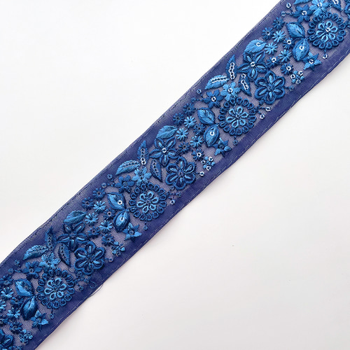 482 【 幅：5cm 】 インド刺繍リボン ネイビー チュール リボン