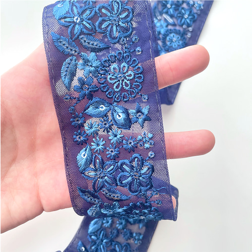 482 【 幅：5cm 】 インド刺繍リボン ネイビー チュール リボン