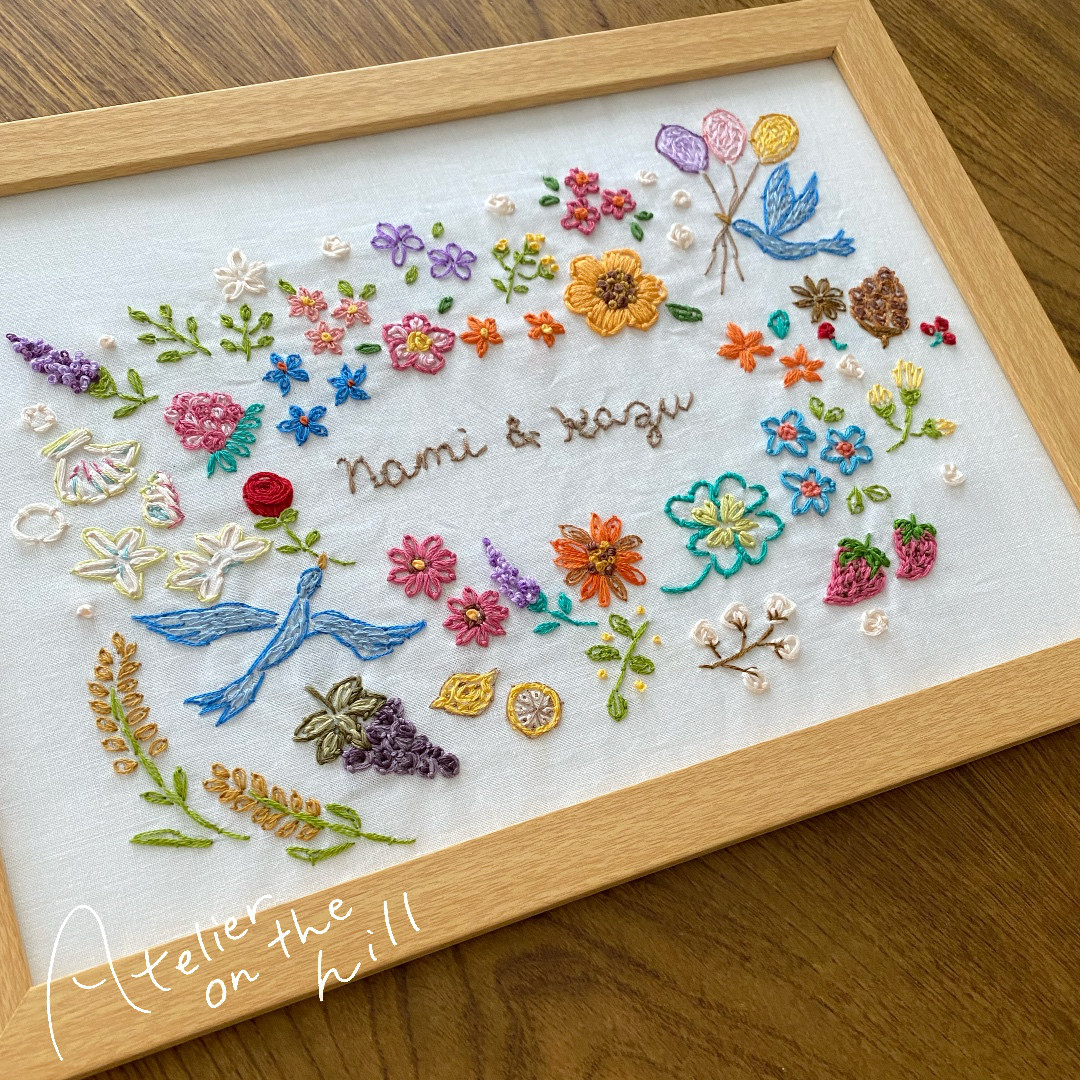 ウェルカムボード 綿婚式記念に♡ふたりの記念刺繍「garden party」
