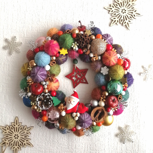 【販売済】毛糸玉リース★クリスマス カラフルでにっこり☆毛糸玉のクリスマスリース(小) 毛糸玉