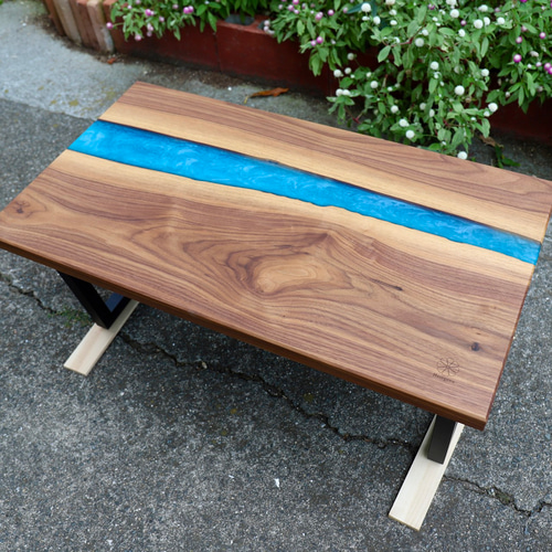 ウッドレジンコーヒーテーブル(カリビアンブルー) ローテーブル