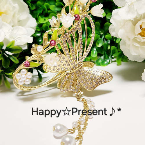 再販！大人可愛い華やかパールフラワーのキラキラButterflyバンス