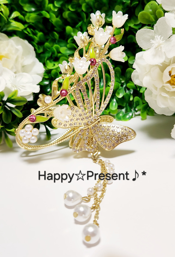 再販！大人可愛い華やかパールフラワーのキラキラButterflyバンス