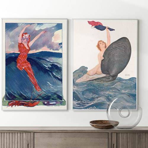 旗を掲げる女性絵画アートポスター☆海裸婦貝マリン神秘的美しい個性的