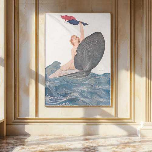 旗を掲げる女性絵画アートポスター☆海裸婦貝マリン神秘的美しい