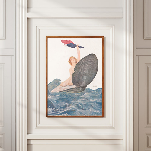 旗を掲げる女性絵画アートポスター☆海裸婦貝マリン神秘的美しい
