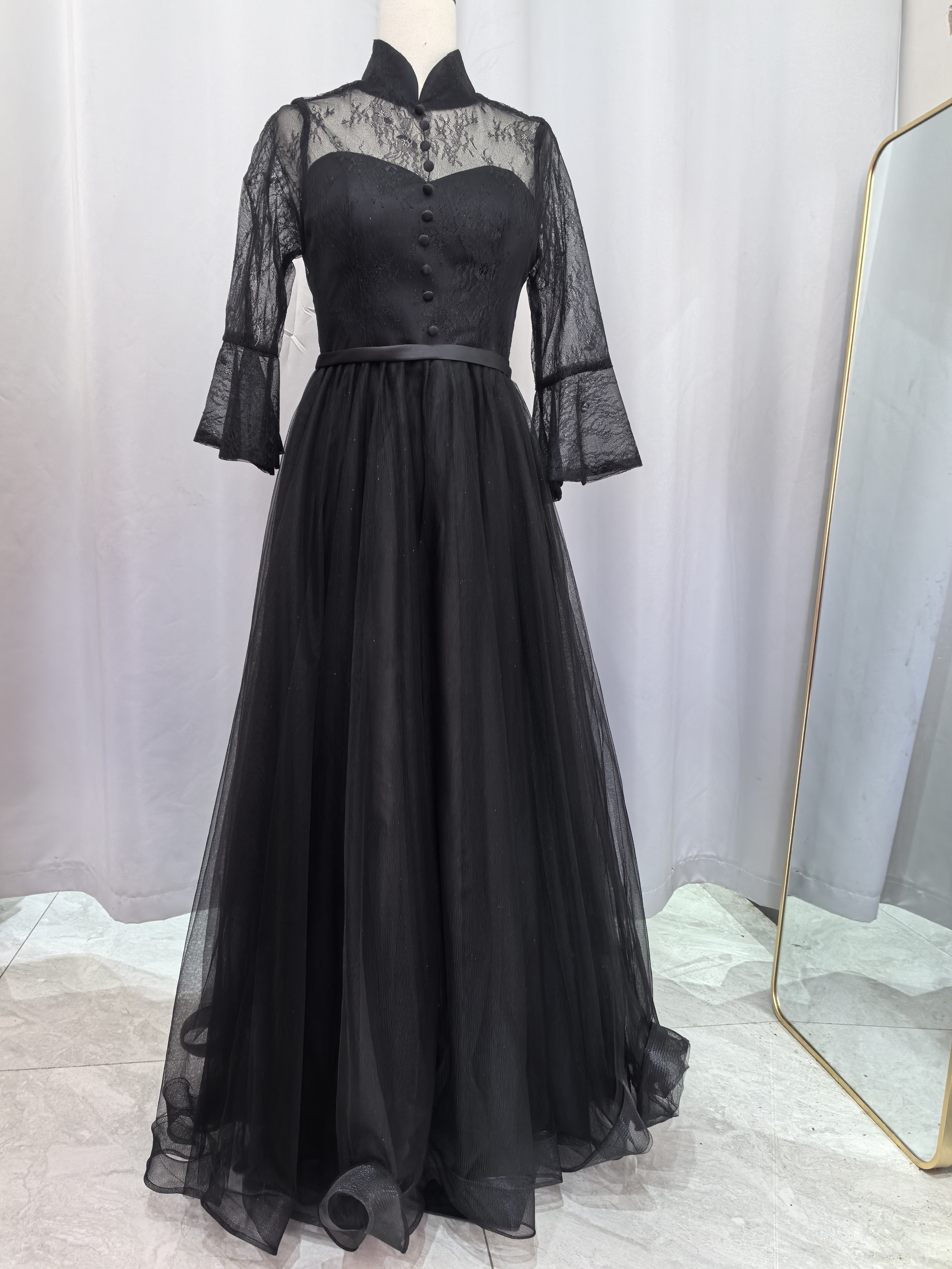 エレガント  黒  七分フレア袖  ソフトチュール カラードレスオーダーメイド可能 パーティードレ演奏会 合コンD33