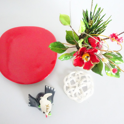 赤椿ヘビ年【パンフラワー/干支の置物】2025年巳年♪椿/梅/へび/水引