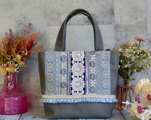美しいインド刺繍リボンのグレートートバッグ トートバッグ muika.neko