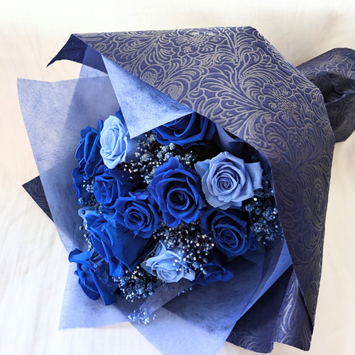 ブーケ　青　ブルー　バラ　青バラ　プリザーブドフラワー　花束　男性　ウエディング プリザーブドフラワー／青い薔薇と水色の薔薇18本花束／奇跡の祝福花束