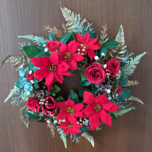❤赤のポインセチアと真紅のバラのゴージャスで素敵なクリスマスリース