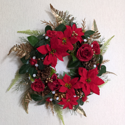 ❤赤のポインセチアと真紅のバラのゴージャスで素敵なクリスマスリース