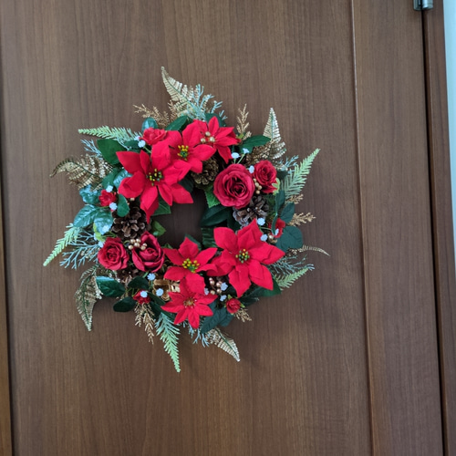 ❤赤のポインセチアと真紅のバラのゴージャスで素敵なクリスマスリース