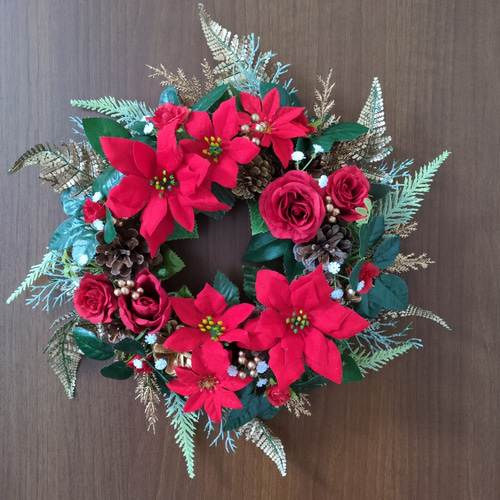 ❤赤のポインセチアと真紅のバラのゴージャスで素敵なクリスマスリース