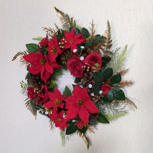 ❤赤のポインセチアと真紅のバラのゴージャスで素敵なクリスマスリース