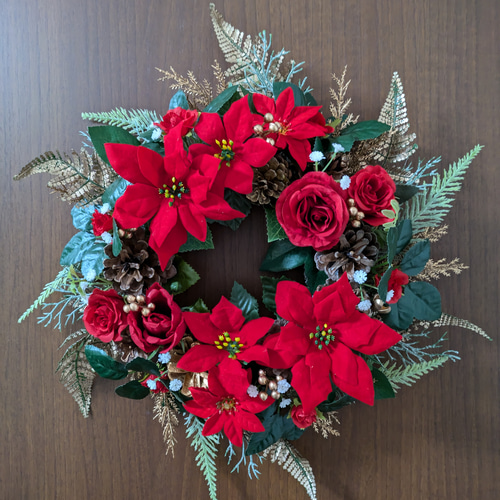 ❤赤のポインセチアと真紅のバラのゴージャスで素敵なクリスマスリース