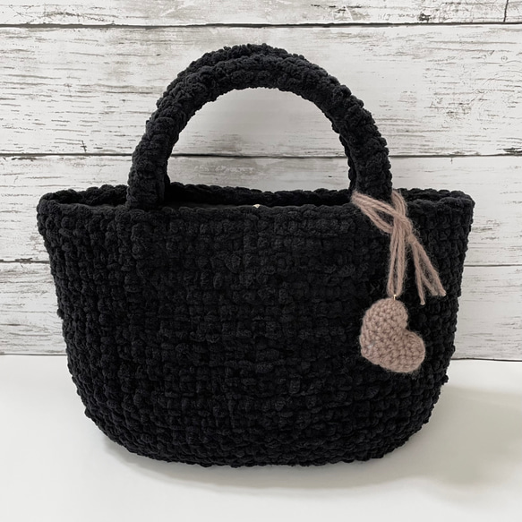 もこもこ編み ニットバッグ 毛糸バッグ [ブラック] 1枚目の画像