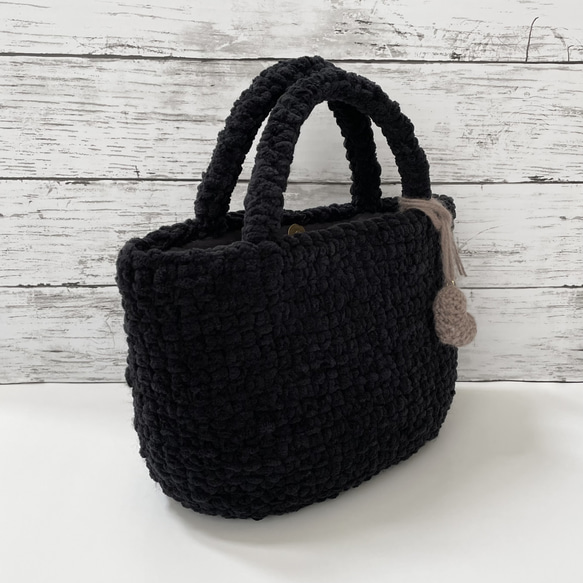 もこもこ編み ニットバッグ 毛糸バッグ [ブラック] 3枚目の画像