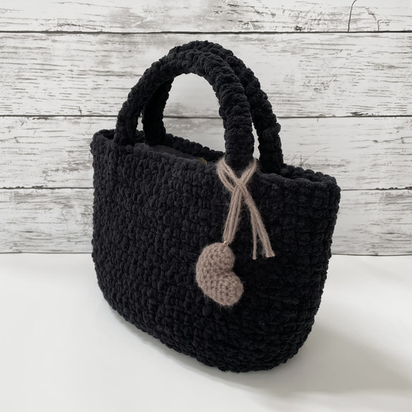 もこもこ編み ニットバッグ 毛糸バッグ [ブラック] 2枚目の画像