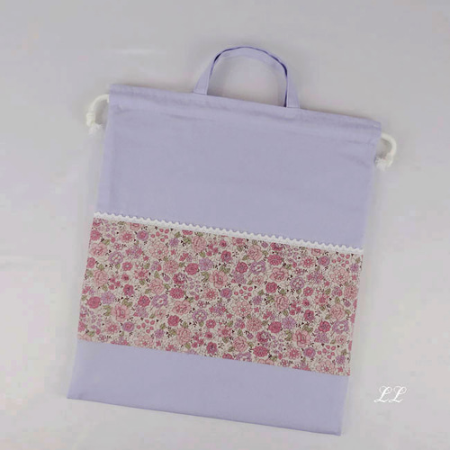 体操着入れ お着替え袋 持ち手付巾着袋 大 LL 40×35 花柄 紫