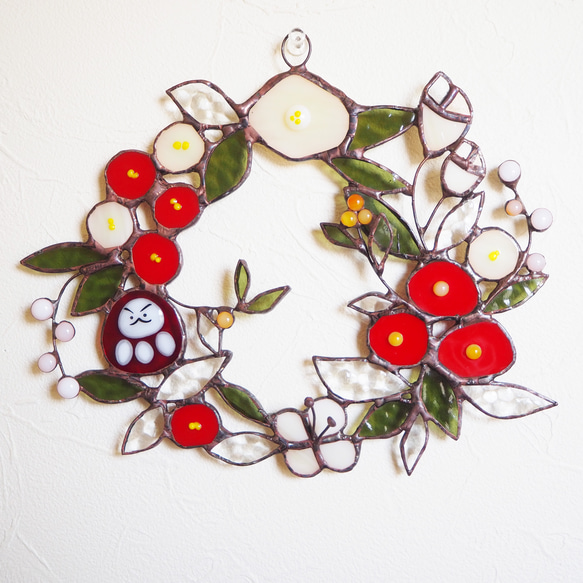 ステンドグラスのお正月だるまさんリース 7枚目の画像
