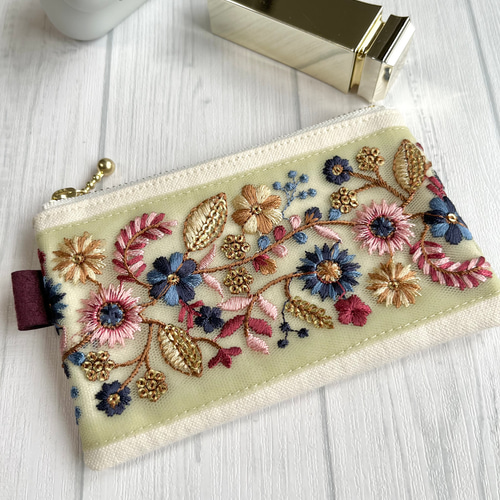 インド刺繍リボンのミニポーチ/生成×イエローチュール ポーチ