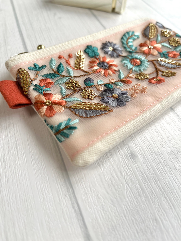 インド刺繍リボンのミニポーチ/生成×ピンクチュール 5枚目の画像