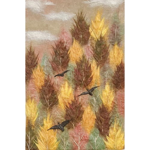 和紙ちぎり絵『秋山と鳥たち』葉書サイズ原画 絵画 彩紘工房 通販