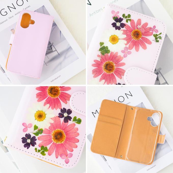 ＊春色マーガレットの押し花スマホケース＊250 手帳型 全機種対応 本物のお花 iPhone17 Android 5枚目の画像