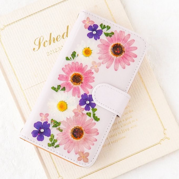 ＊春色マーガレットの押し花スマホケース＊250 手帳型 全機種対応 本物のお花 iPhone17 Android 2枚目の画像
