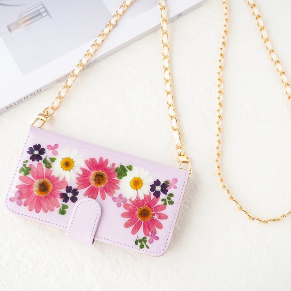 ＊春色マーガレットの押し花スマホケース＊250 手帳型 全機種対応 本物のお花 iPhone17 Android 1枚目の画像