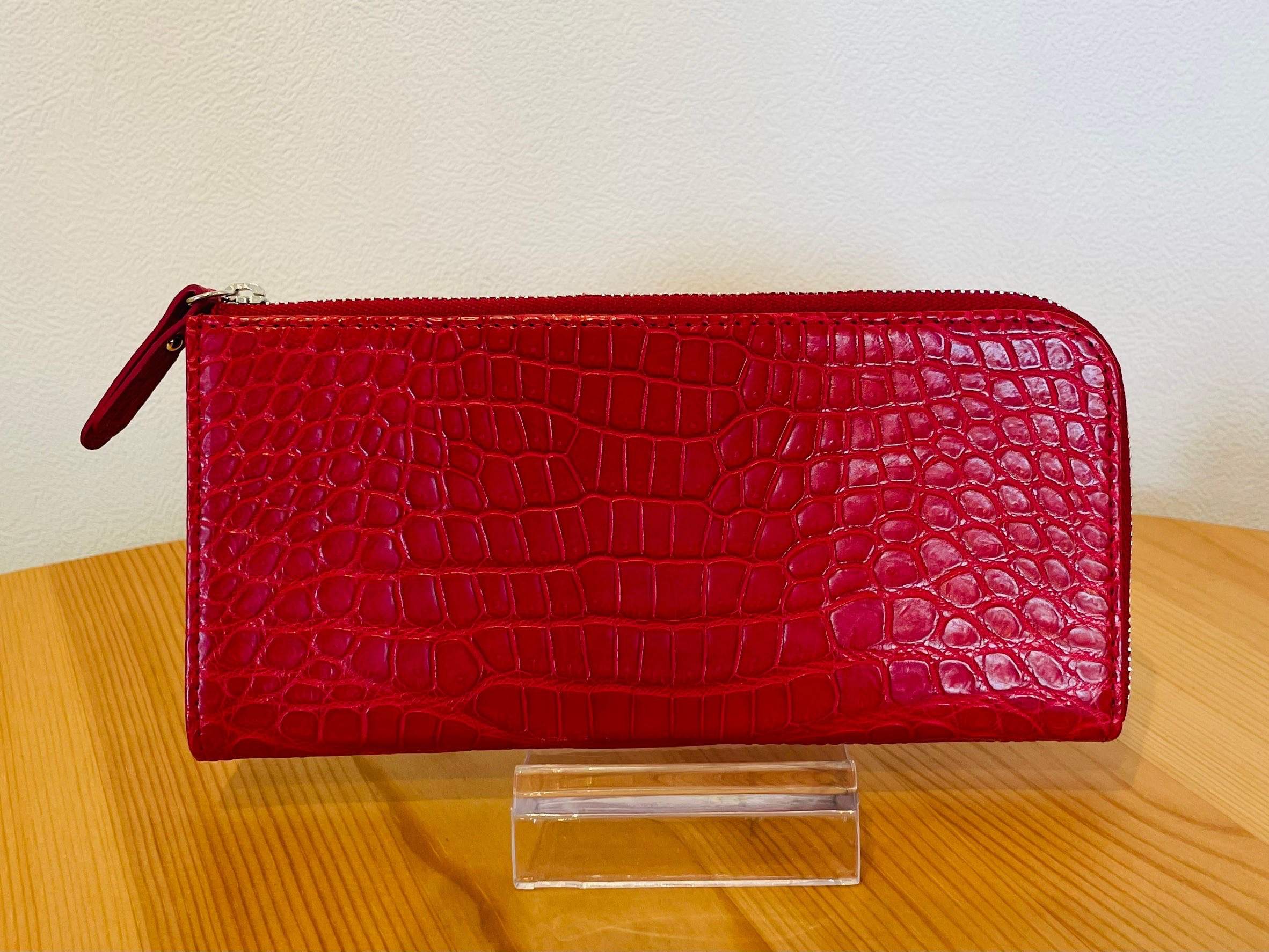 日本の職人が作った　スモールクロコダイル（ポロサス）L字ファスナーウォレット　カンパリ　送料無料
