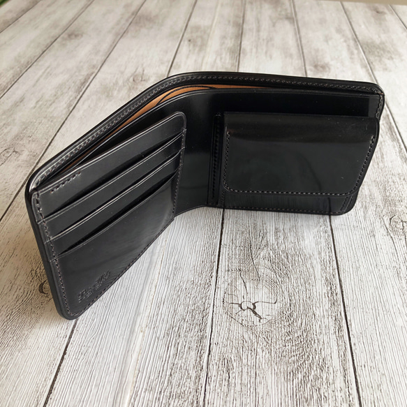 ROCADO社　シェルコードバン　二つ折り財布　ブラック 完成品 ROCADOシェルコードバン 二つ折り財布 総手縫い フル