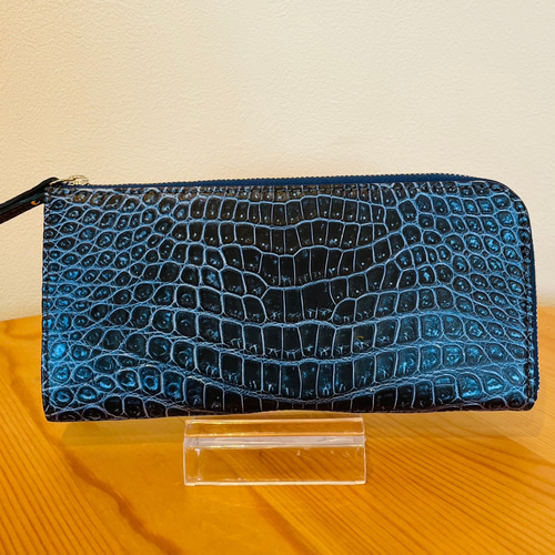 クロコダイル　ポロサス　藍染　コンパクトウォレット　L字ファスナー財布 クロコダイル ポロサス 藍染 コンパクトウォレット L字